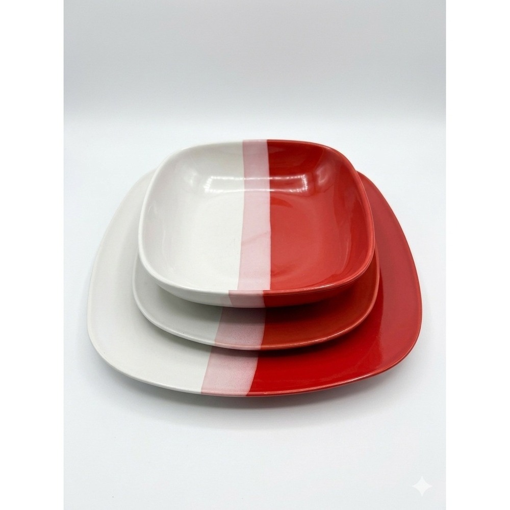 Gibson Home Surreal Hues 3pc Dinnerware Set Red‎ Pink White Square Place Setting